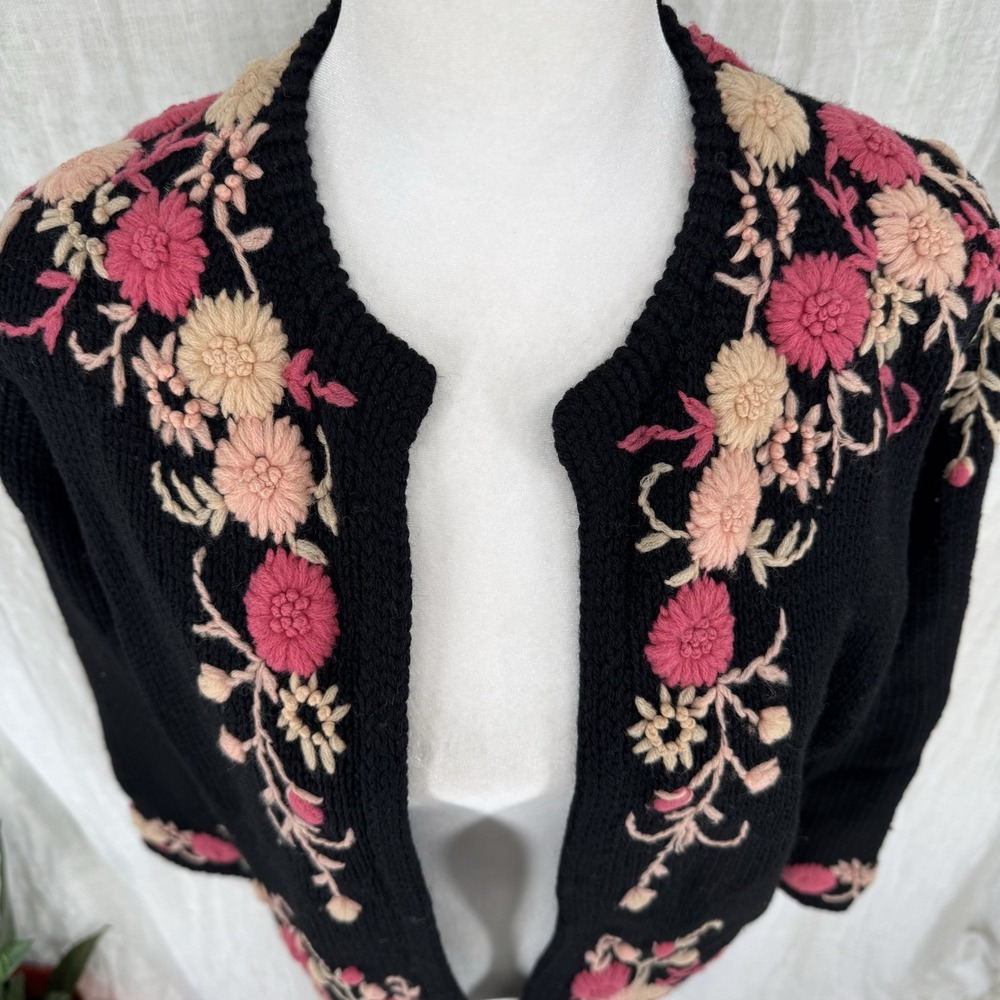 Vtg Elsie Tu Cardigan Sweater L Cottage Whimsigoth Grandma Chunky Hand Embroider - Picture 3 of 6